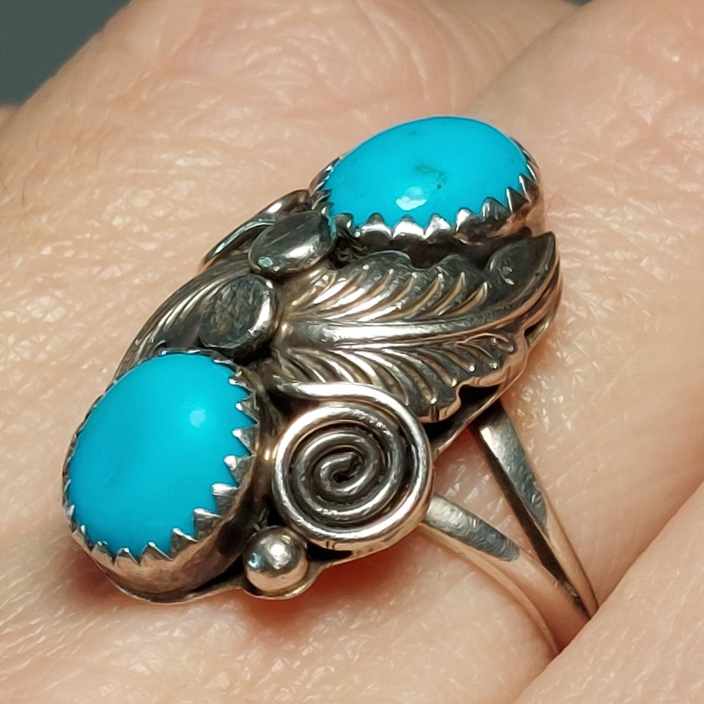 Native American Sterling Silver Turquoise Ring Signed M Size 8 - Picture 5 of 11
